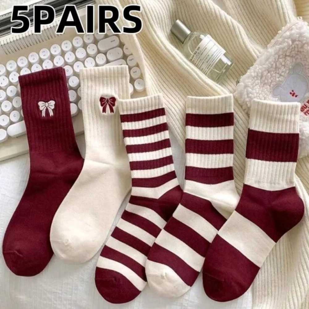Stylish Maroon And Off White Solid And Stripes Socks Set Of 5